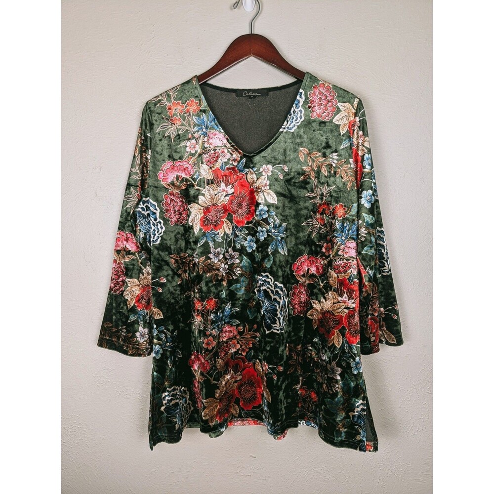 Calessa Green Floral Stretch Velvet Tunic Top Size XL
